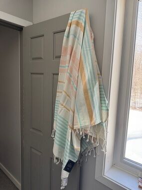 Simons Striped Beach Towel in Aqua, Peach and Gold